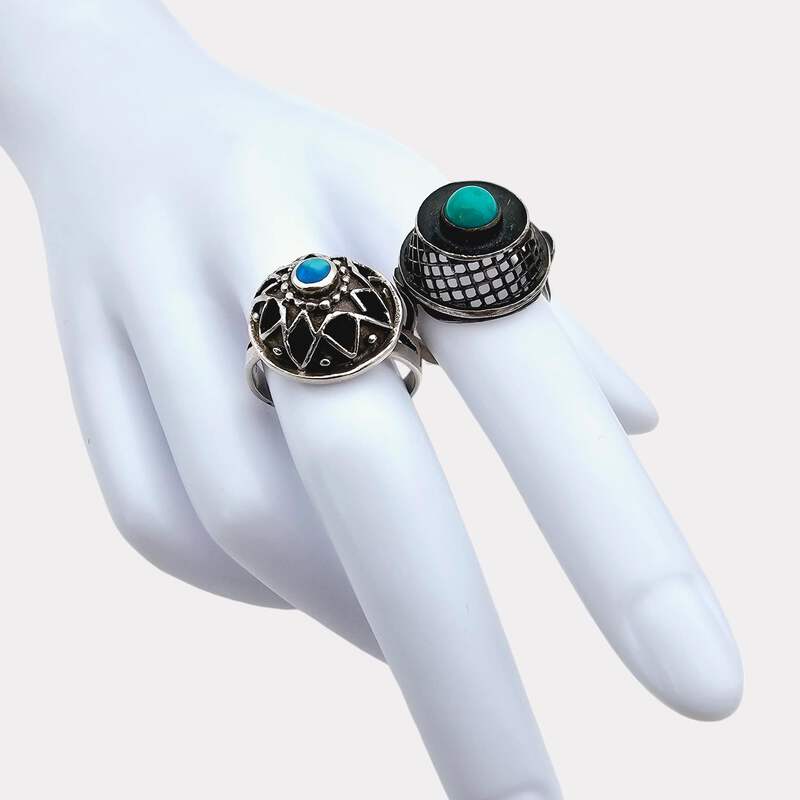 2 Vintage-Türkisringe, Ethno-Boho, handgemacht, 800/925 Silber, 60/70er