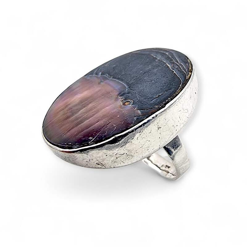 Vintage 925 Silberring mit schwarzer Perlmutt-Muschel, oval, EU 58