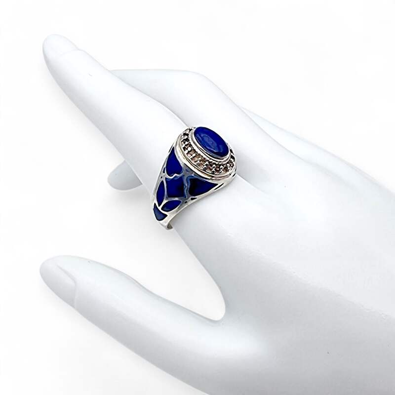 Vintage 925 Silberring mit Lapislazuli-Einlage, afghanischer Stil, EU 65 (US 11)