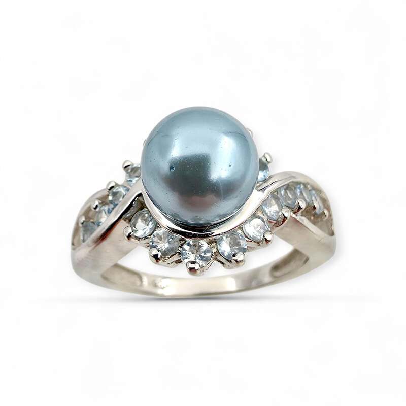 Vintage 925 Silberring mit Imitationsperle & Blautopas, EU 58 (US 8,25)