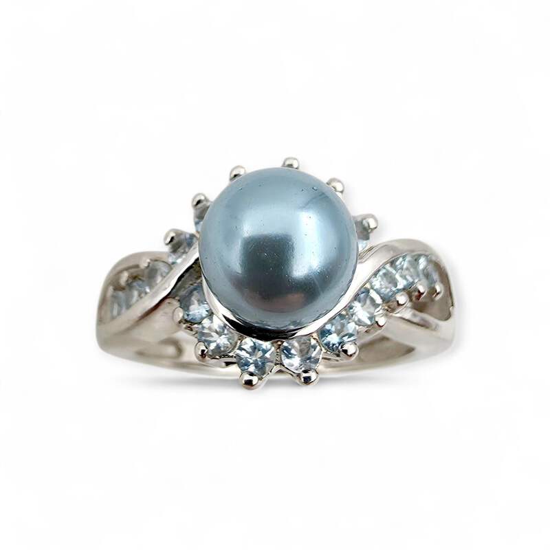 Vintage 925 Silberring mit Imitationsperle & Blautopas, EU 58 (US 8,25)