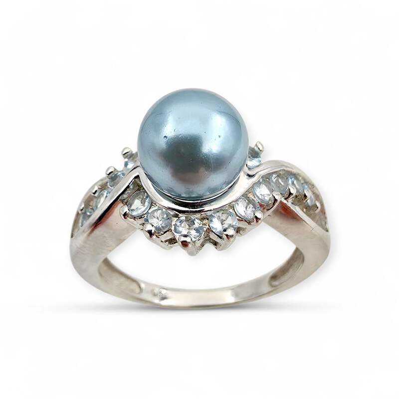 Vintage 925 Silberring mit Imitationsperle & Blautopas, EU 58 (US 8,25)