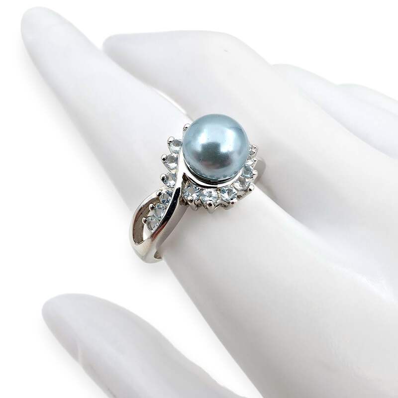 Vintage 925 Silberring mit Imitationsperle & Blautopas, EU 58 (US 8,25)