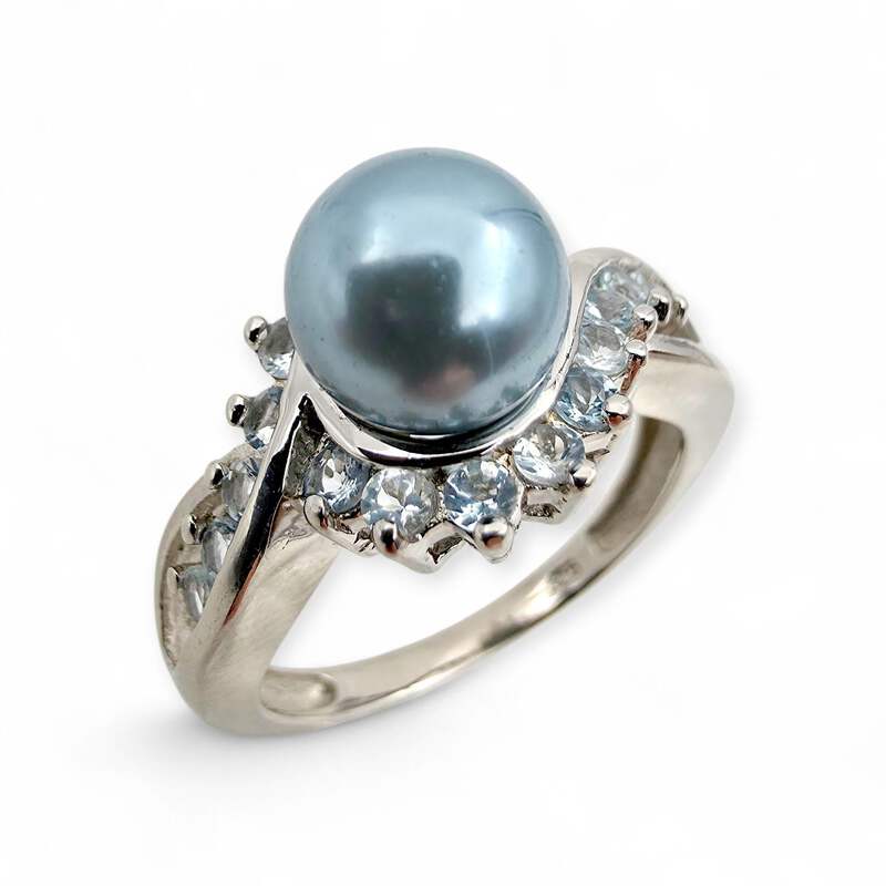 Vintage 925 Silberring mit Imitationsperle & Blautopas, EU 58 (US 8,25)