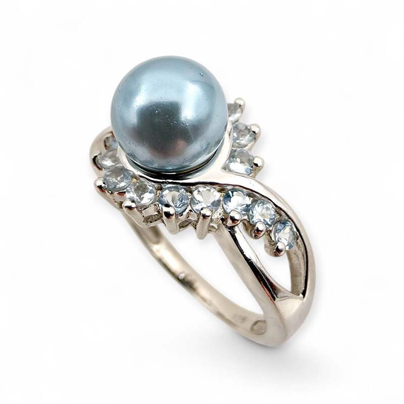 Vintage 925 Silberring mit Imitationsperle & Blautopas, EU 58 (US 8,25)