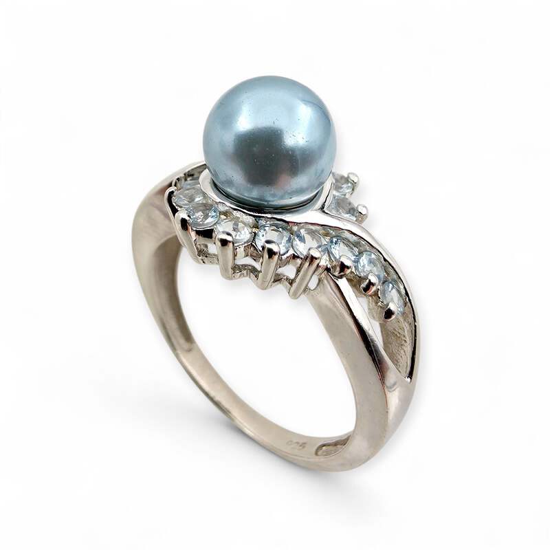 Vintage 925 Silberring mit Imitationsperle & Blautopas, EU 58 (US 8,25)