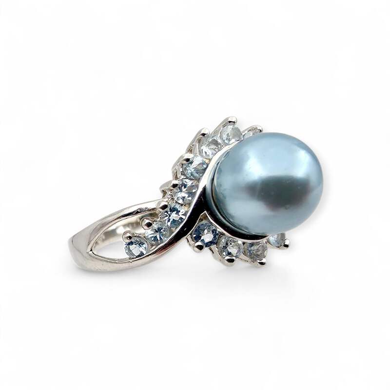 Vintage 925 Silberring mit Imitationsperle & Blautopas, EU 58 (US 8,25)