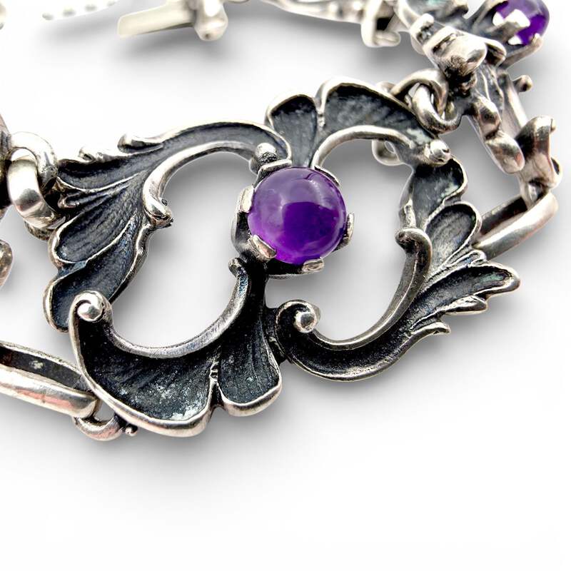 Vintage 835 Silber-Amethyst-Armband 20 cm – Jugendstil-Ornamentarmband 37,51 g