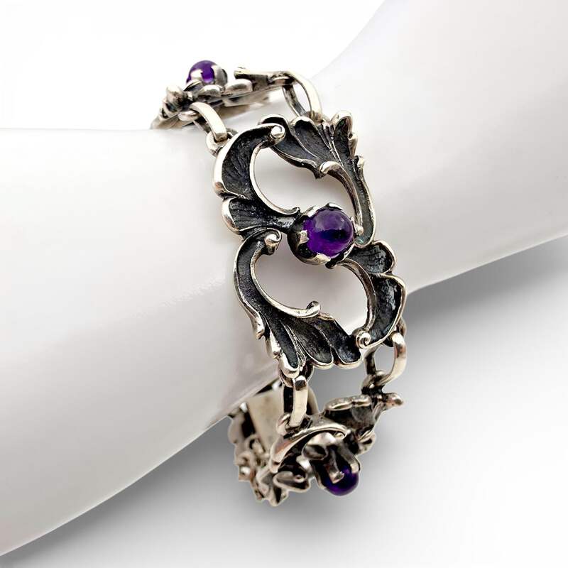 Vintage 835 Silber-Amethyst-Armband 20 cm – Jugendstil-Ornamentarmband 37,51 g