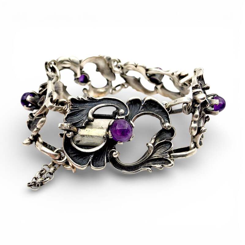 Vintage 835 Silber-Amethyst-Armband 20 cm – Jugendstil-Ornamentarmband 37,51 g