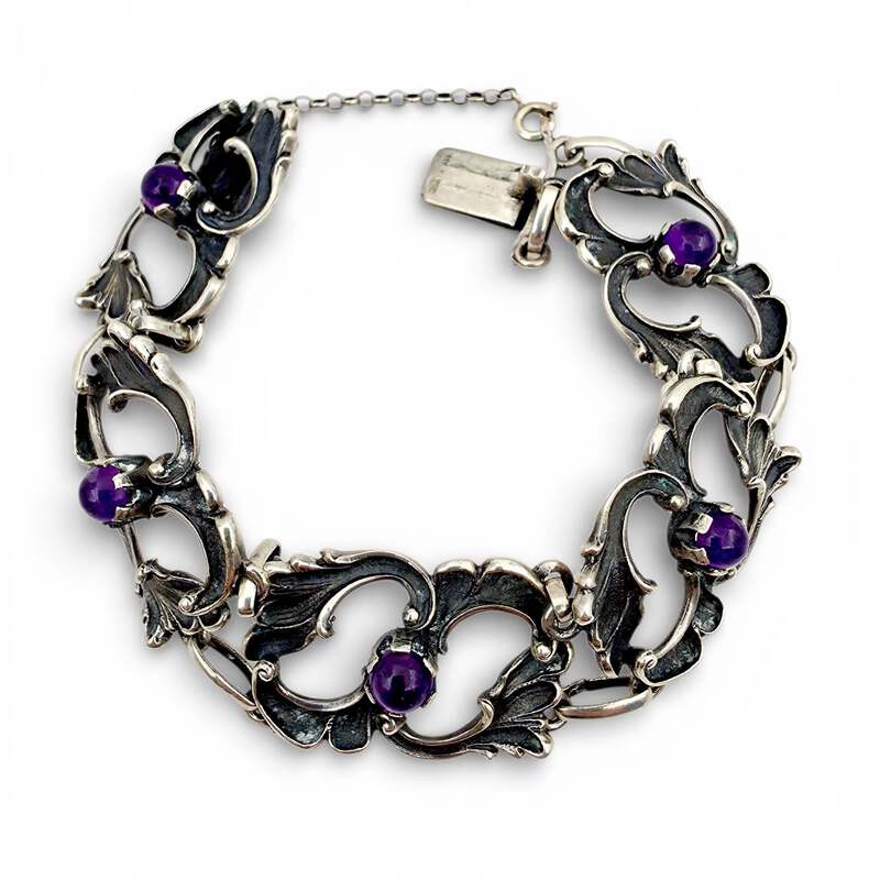 Vintage 835 Silber-Amethyst-Armband 20 cm – Jugendstil-Ornamentarmband 37,51 g