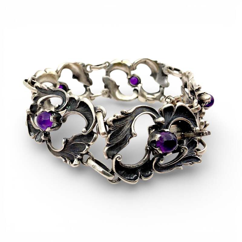 Vintage 835 Silber-Amethyst-Armband 20 cm – Jugendstil-Ornamentarmband 37,51 g