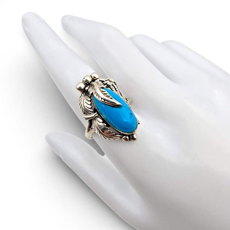 Vintage Navajo 925 Silber Türkisring, großer Oval-Cabochon, EU 63 (US 10.25)