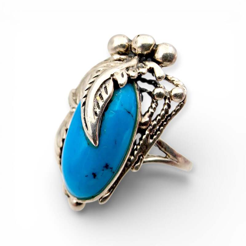 Vintage Navajo 925 Silber Türkisring, großer Oval-Cabochon, EU 63 (US 10.25)