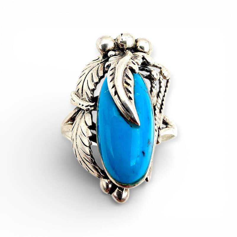 Vintage Navajo 925 Silber Türkisring, großer Oval-Cabochon, EU 63 (US 10.25)