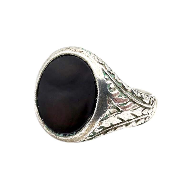 Vintage 835 Silber Onyx Ring | Graviertes Ornament | EU 59 (US 8,75)