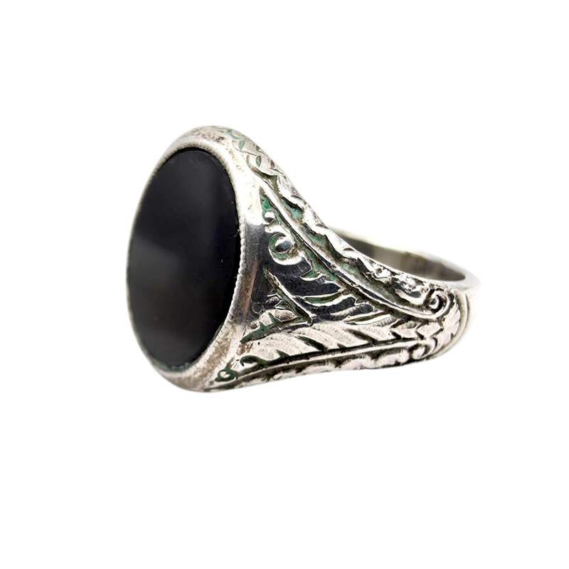 Vintage 835 Silber Onyx Ring | Graviertes Ornament | EU 59 (US 8,75)