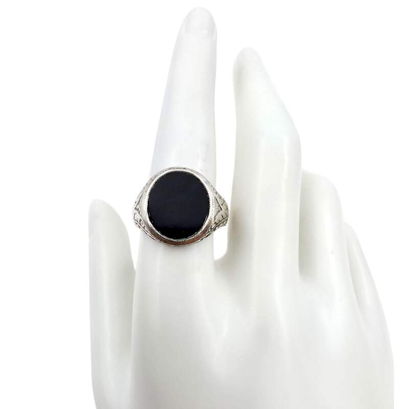 Vintage 835 Silber Onyx Ring | Graviertes Ornament | EU 59 (US 8,75)