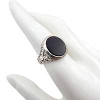 Vintage 835 Silber Onyx Ring | Graviertes Ornament | EU 59 (US 8,75)