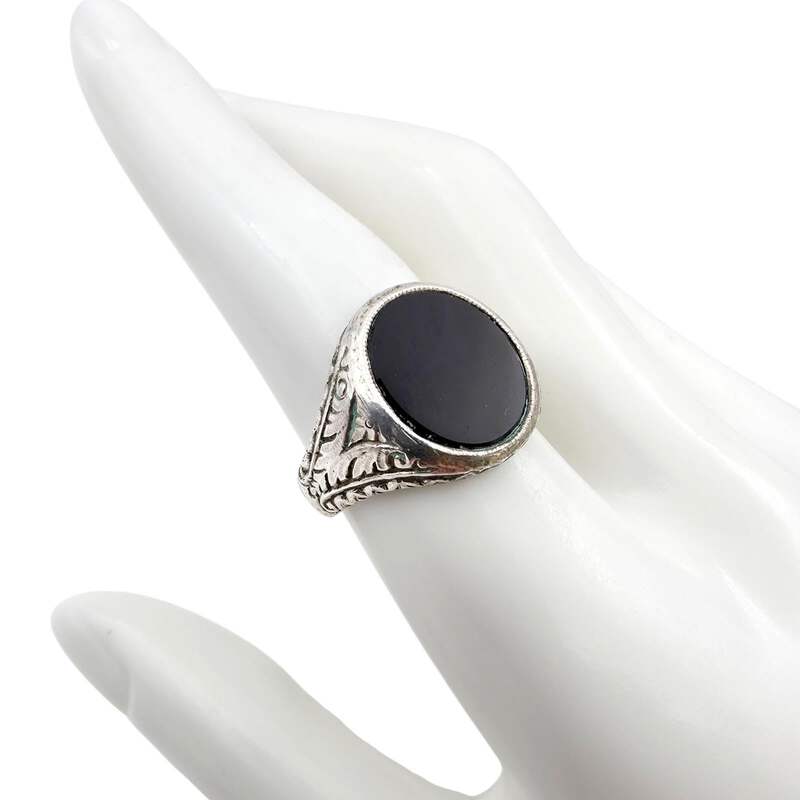 Vintage 835 Silber Onyx Ring | Graviertes Ornament | EU 59 (US 8,75)