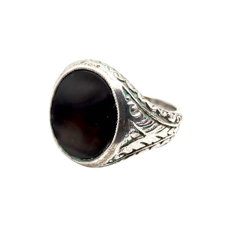 Vintage 835 Silber Onyx Ring | Graviertes Ornament | EU 59 (US 8,75)