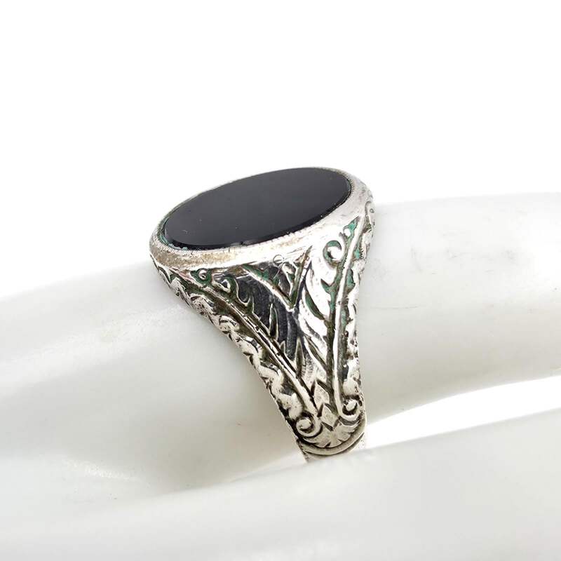 Vintage 835 Silber Onyx Ring | Graviertes Ornament | EU 59 (US 8,75)