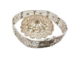 Vintage-Silber-Filigranschmuck-Set – Armband & runde Blumenbrosche