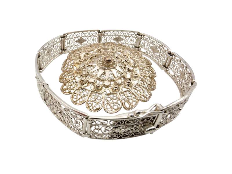 Vintage-Silber-Filigranschmuck-Set – Armband & runde Blumenbrosche