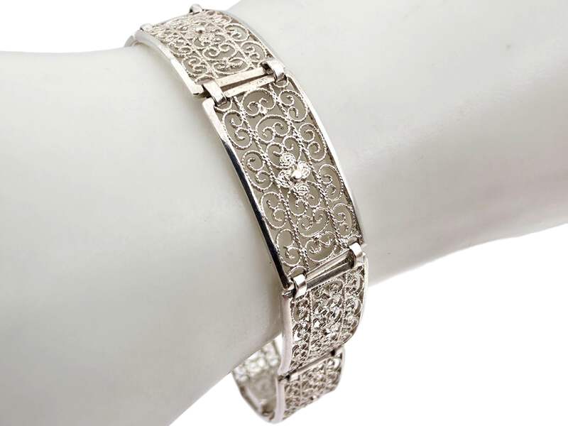 Vintage-Silber-Filigranschmuck-Set – Armband & runde Blumenbrosche