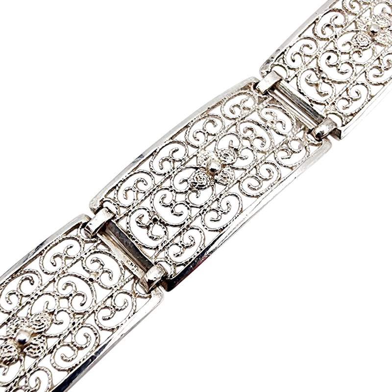 Vintage-Silber-Filigranschmuck-Set – Armband & runde Blumenbrosche