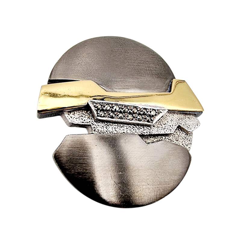 Vintage-modernistische Silber- und vergoldete Brosche mit Markasiten, abstrakt-g