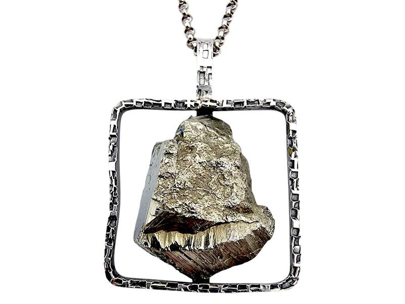 Vintage-Raw-Pyrit-Anhänger-Halskette, 835er Silber, Brutalismus, Langkette