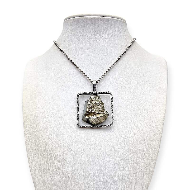 Vintage-Raw-Pyrit-Anhänger-Halskette, 835er Silber, Brutalismus, Langkette