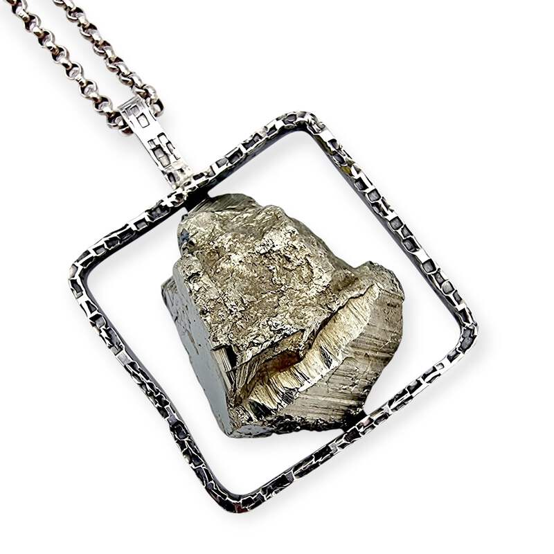 Vintage-Raw-Pyrit-Anhänger-Halskette, 835er Silber, Brutalismus, Langkette
