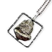 Vintage-Raw-Pyrit-Anhänger-Halskette, 835er Silber, Brutalismus, Langkette