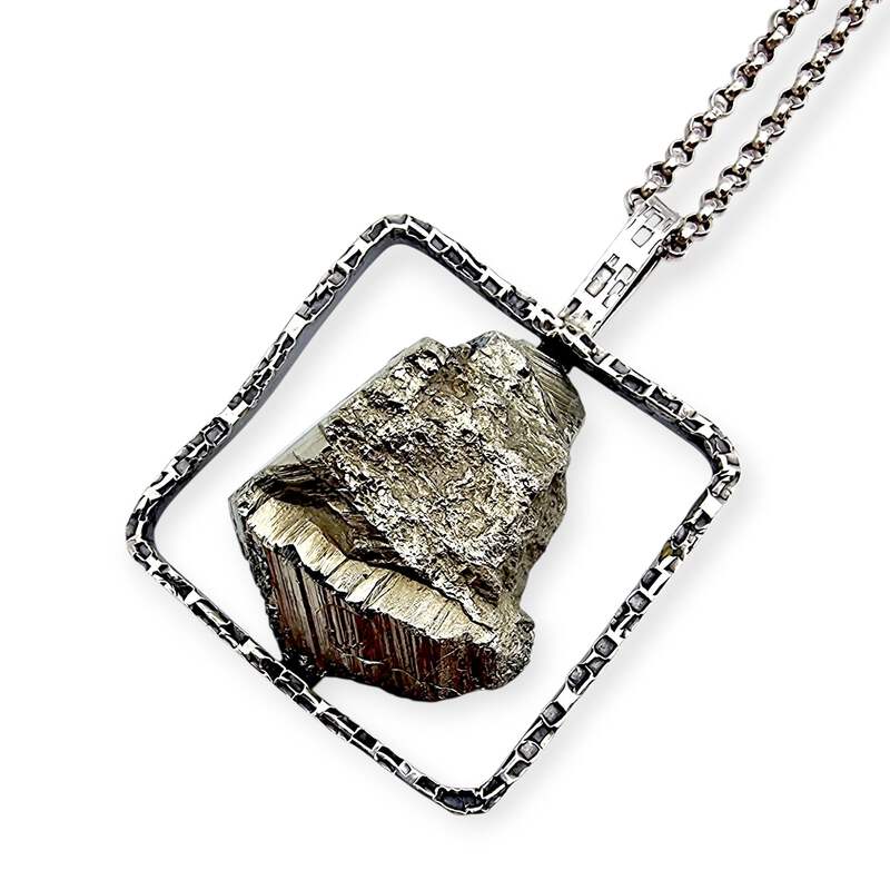 Vintage-Raw-Pyrit-Anhänger-Halskette, 835er Silber, Brutalismus, Langkette