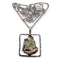 Vintage-Raw-Pyrit-Anhänger-Halskette, 835er Silber, Brutalismus, Langkette