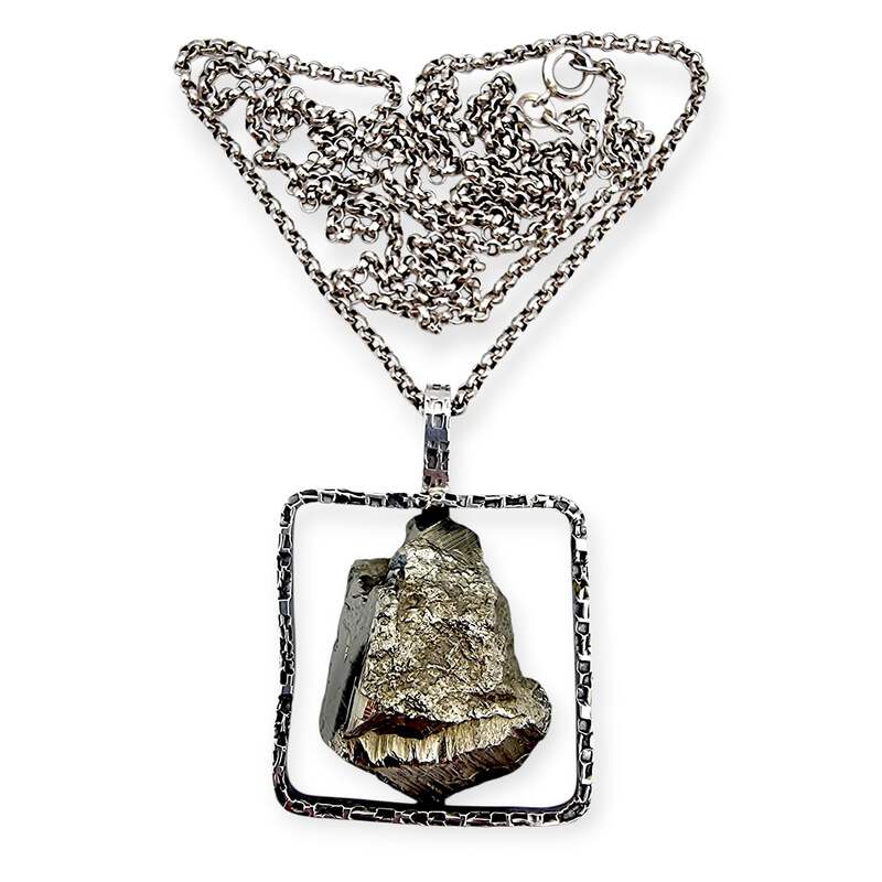 Vintage-Raw-Pyrit-Anhänger-Halskette, 835er Silber, Brutalismus, Langkette