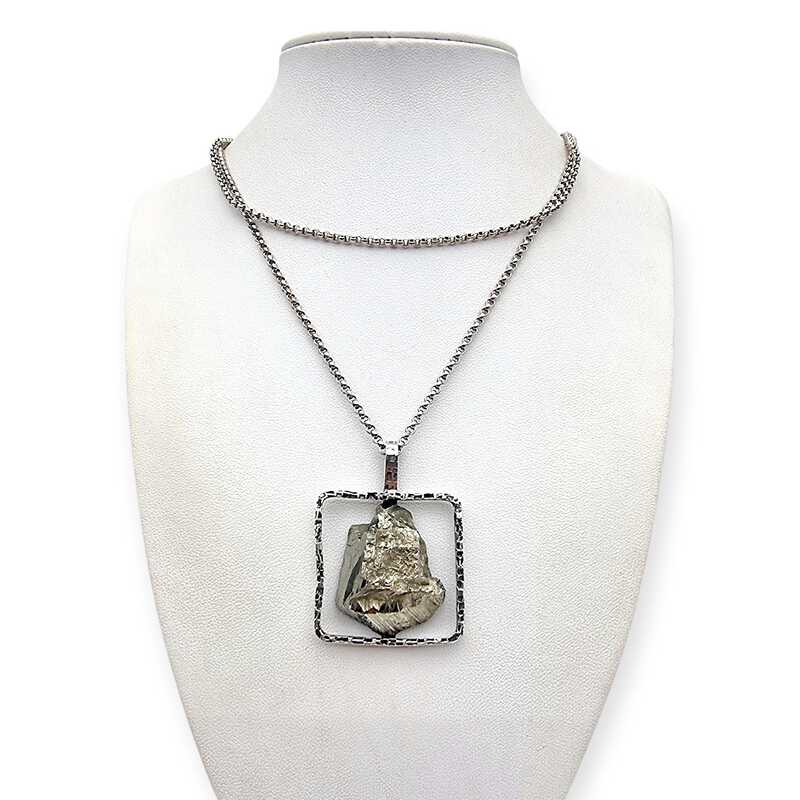 Vintage-Raw-Pyrit-Anhänger-Halskette, 835er Silber, Brutalismus, Langkette