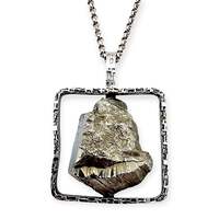 Vintage-Raw-Pyrit-Anhänger-Halskette, 835er Silber, Brutalismus, Langkette