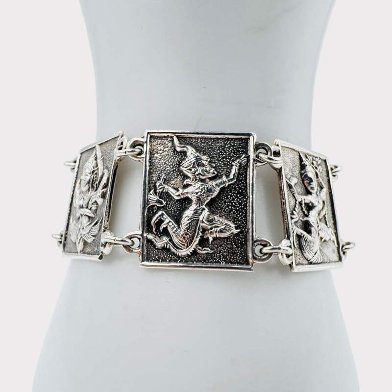 Vintage Siam Silber-Panel-Armband mit mythologischen Figuren und Elefanten