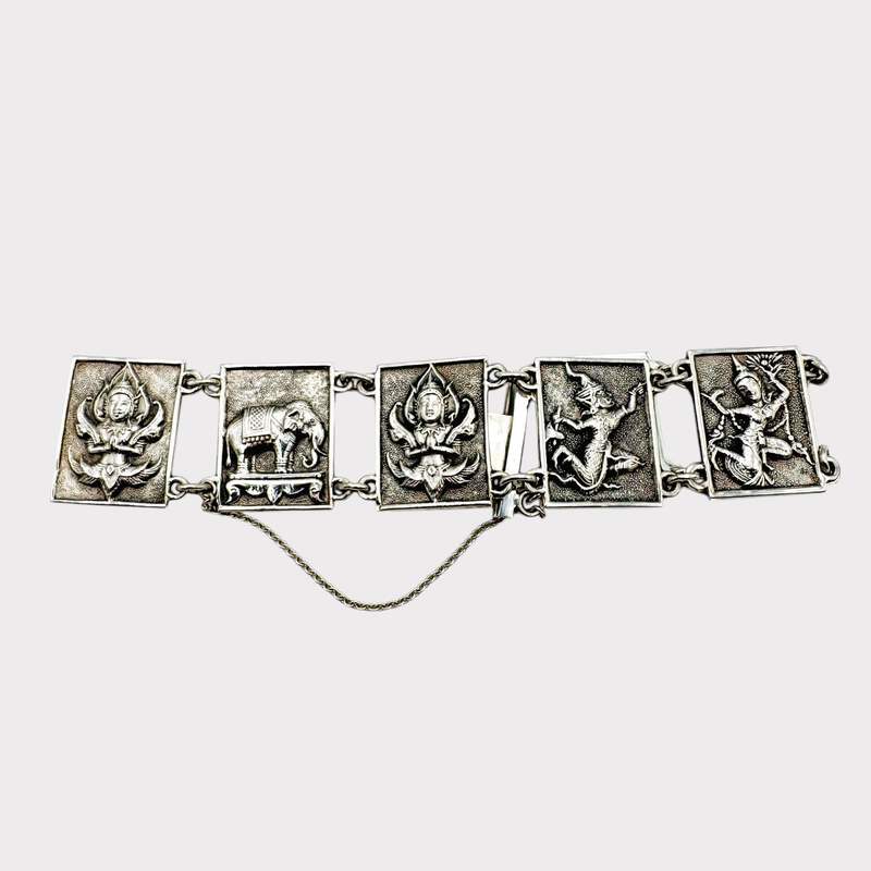 Vintage Siam Silber-Panel-Armband mit mythologischen Figuren und Elefanten
