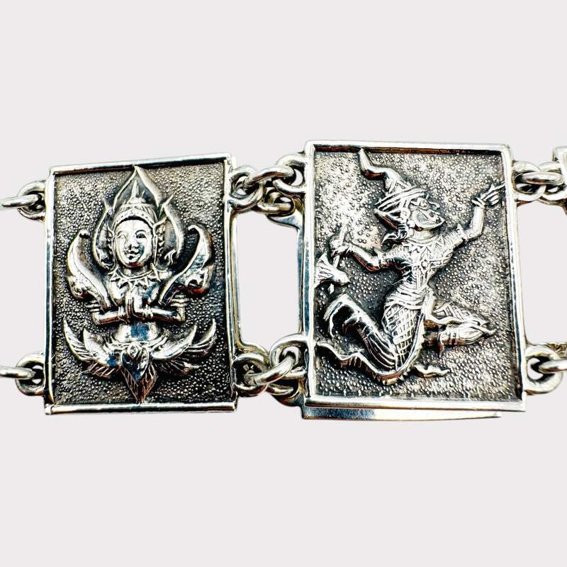 Vintage Siam Silber-Panel-Armband mit mythologischen Figuren und Elefanten