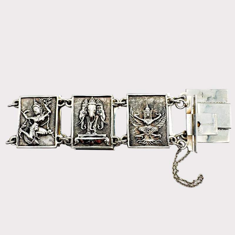 Vintage Siam Silber-Panel-Armband mit mythologischen Figuren und Elefanten