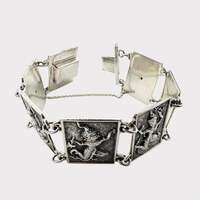 Vintage Siam Silber-Panel-Armband mit mythologischen Figuren und Elefanten