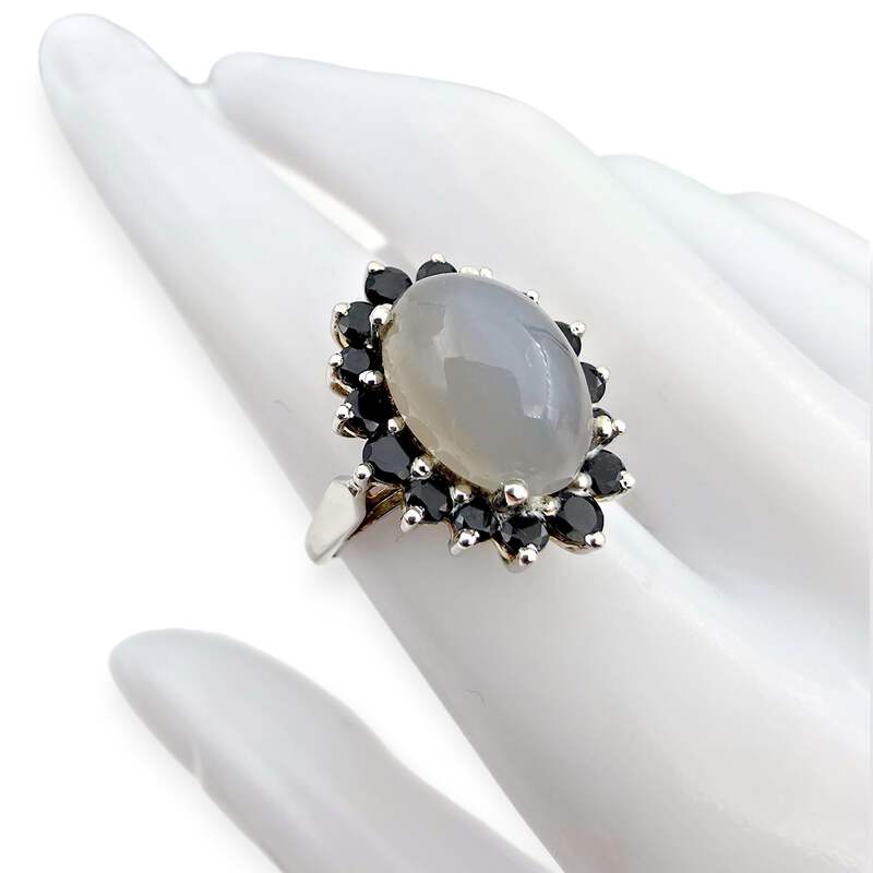 Vintage 925 Silber Mondstein Schwarzer Spinell Halo-Ring EU 54 (US 6,75) 5,57 g