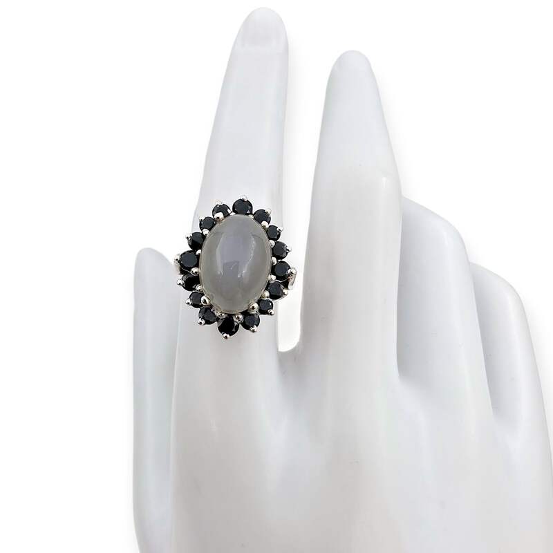 Vintage 925 Silber Mondstein Schwarzer Spinell Halo-Ring EU 54 (US 6,75) 5,57 g
