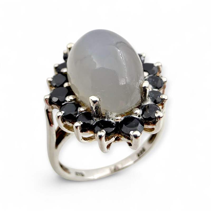 Vintage 925 Silber Mondstein Schwarzer Spinell Halo-Ring EU 54 (US 6,75) 5,57 g