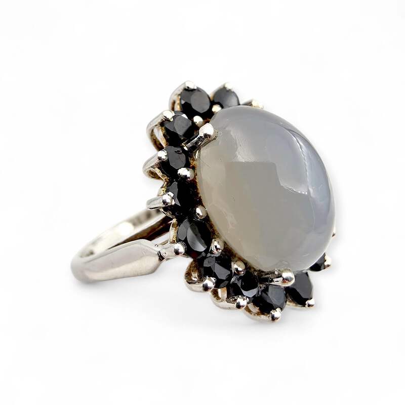 Vintage 925 Silber Mondstein Schwarzer Spinell Halo-Ring EU 54 (US 6,75) 5,57 g
