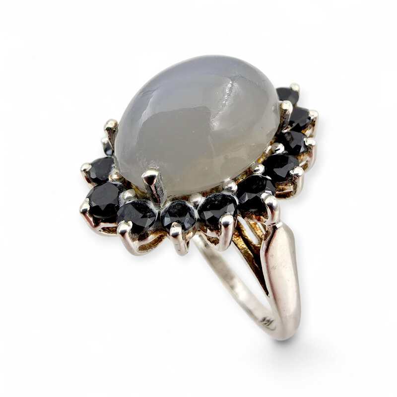 Vintage 925 Silber Mondstein Schwarzer Spinell Halo-Ring EU 54 (US 6,75) 5,57 g